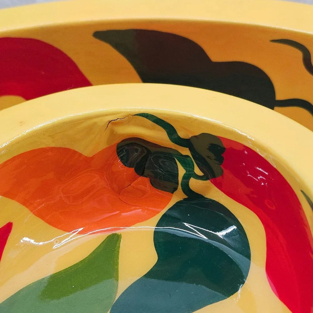 Hand Painted‎ Chili Pepper Wooden Chip & Dip Bowl Set Yellow Southwestern Vtg